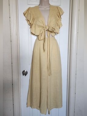 Light Yellow Tie-Front Maxi Dress with Ruffle Sleeves